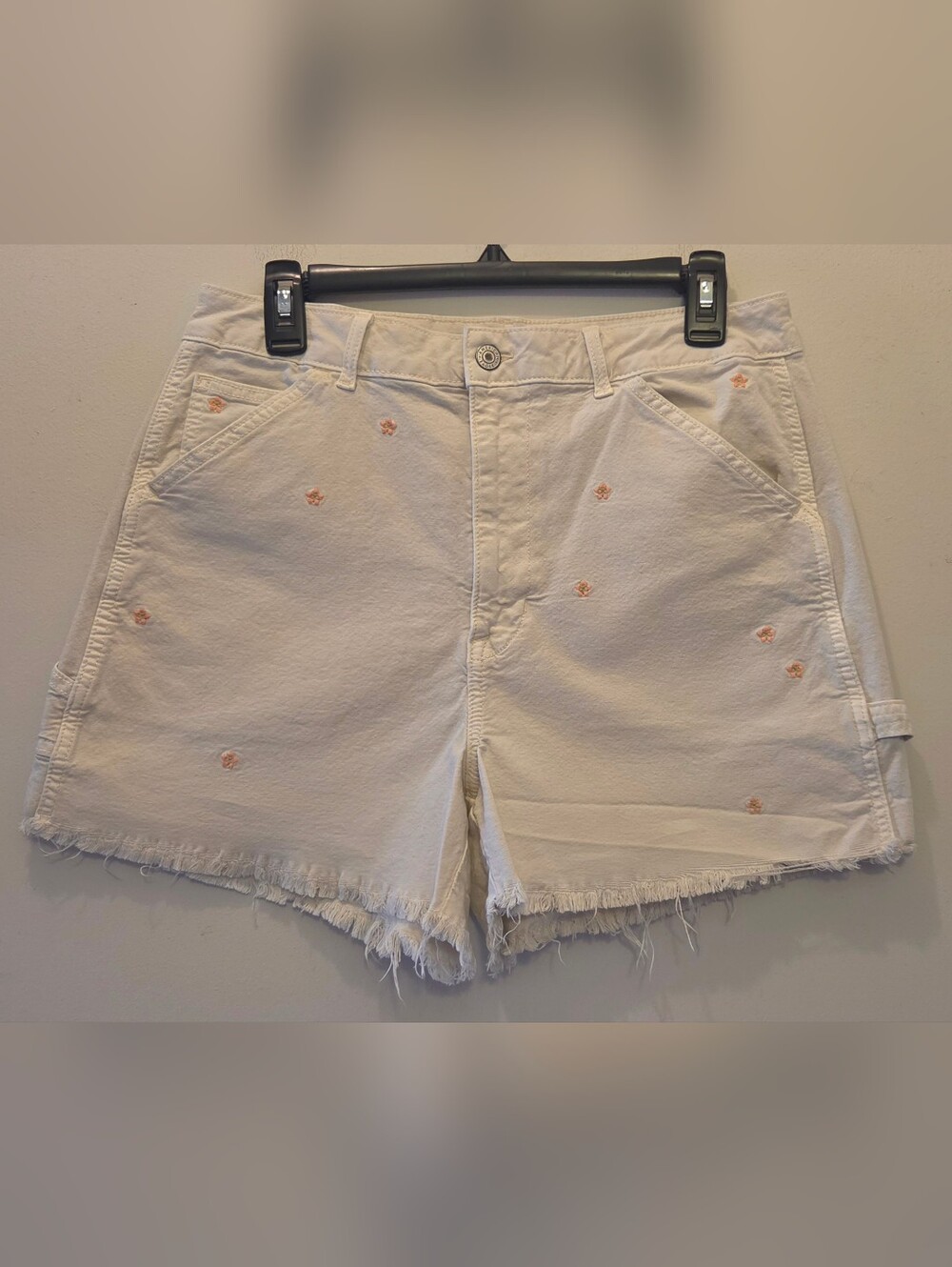 American Eagle Outfitters Womens Cream Denim Shorts with Pink Floral Embroidery